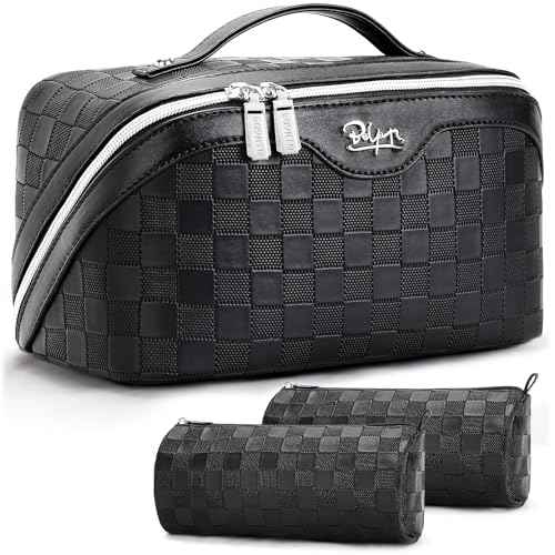 BOYATU Travel Makeup Bag Organizer Cosmetic Bag: 3 Pcs Set Make up Bags for Women with Handle - Waterproof Vegan Leather Toiletry Bags Travel Essentials Pouch with Compartments (01-Black)