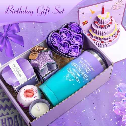 Birthday Gifts for Women Friendship, Aoen Unique Happy Birthday Gifts for Best Friends Women, Mom, Sister, Wife, Coworker, 7P Purple Self Care Spa Gifts Baskets for Christmas, Valentines, Mothers Day
