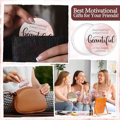 50 Pcs Inspirational Mini Compact Mirror Bulk for Women Christmas Pink Pocket Gifts Portable Round Purse Mirrors Thank You Reminder Gift for Coworker Employee Staff Nurse