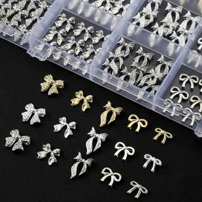 135 Pcs Bow Nail Charms 5 Styles Metal Bow Charms for Nails Gold Silver and White Gold