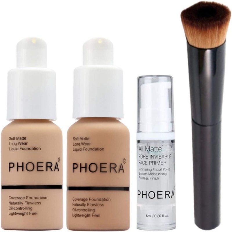 Glamza Full Coverage Makeup Set - 2x Foundations, Primer Gel & Brush | Complete Face Kit for Women