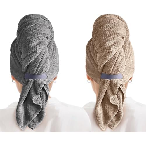 MABAO 2 Pack Microfiber Hair Towel Wrap for Women, Quick Dry Hair Turban Towel with Elastic Band, Microfiber Plopping Towel for Curly Hair, Stocking Stuffers for Women (Gray, Camel)