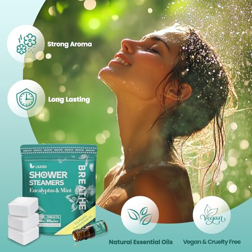 Shower Steamers Aromatherapy - 14 Pack Eucalyptus & Mint Shower Bombs and 5ml Natural Eucalyptus Essential Oils, Nasal Relief, Self Care Stress Relief Gifts for Mom Wife, Christmas Gifts for Women Men