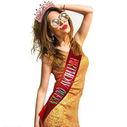 SuPoo Birthday Crown & Sash - Glitter Red Birthday Queen Crown with Comb & Tiara for Women - Crystal Headband Princess Decorations