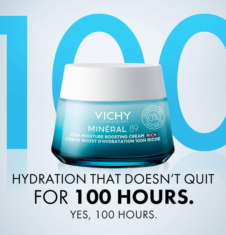 VICHY Mineral 89 Rich Cream - 100H Hydrating Face Moisturizer with Hyaluronic Acid & Niacinamide | Ideal for Dry Skin