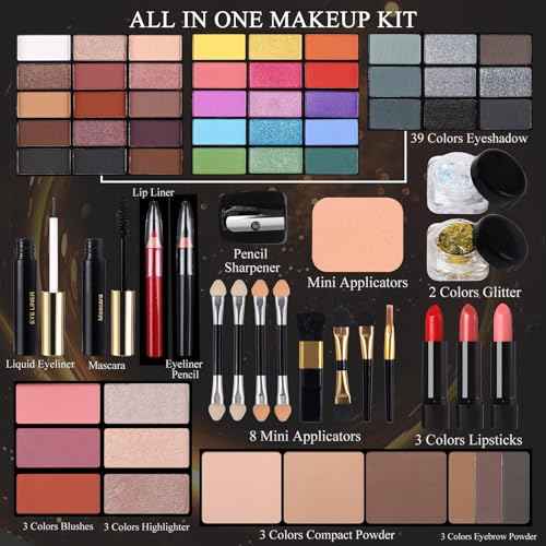 Professional Makeup Kit for Women Girl Full Kit with Mirror 60 Colors All in One Make up Gift Set Included Eyeshadow,Blusher,Highlighter,Compact Powder,Brow Powder,Lipstick,Glitter,Eyeliner,Mascara 02