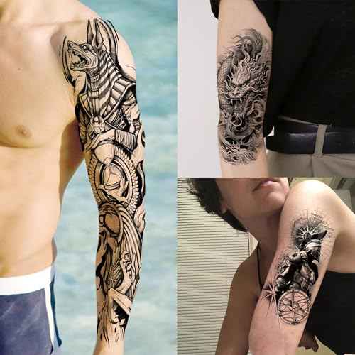 20 Sheets Black Zeus God Full Arm Temporary Tattoos For Men Adults Thigh, Bulk Temp Egypt Judgement God Albis Medusa Poseidon Fake Sleeve Tattoos For Women, Halloween Tattoo Sticker Anchor Ship Faith