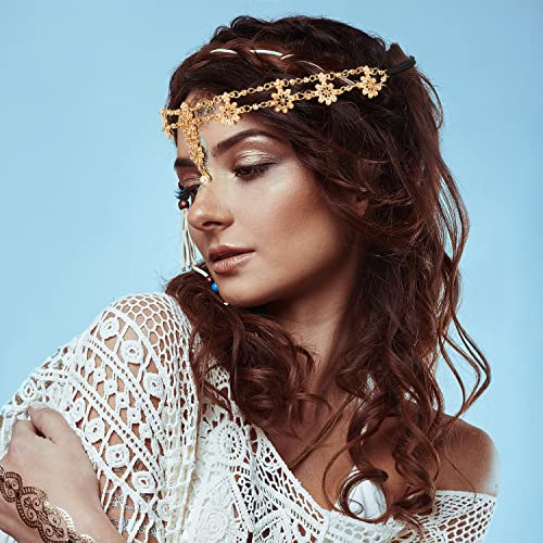 WILLBOND 8 Pieces Gold Head Chain Jewelry Halloween Boho Headband Coins Pearl Tassel Chain Hair Band Festival Prom Wedding Headpiece for Women(Elegant Style)