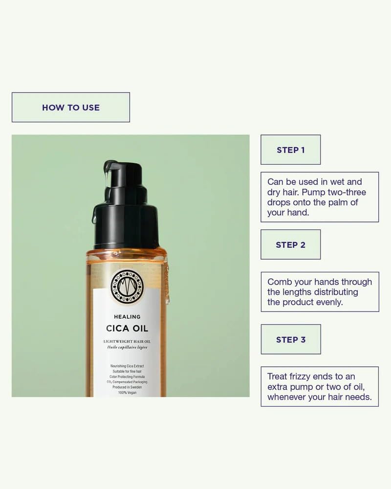 Maria Nila, Healing Cica Oil, 3.4 Fl Oz, Weightless Hair Oil designed to deliver Softness & Shine, Infused with Tiger Grass (Cica) & Soothing Peach Flower