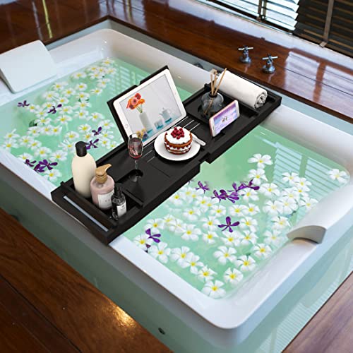 Bamboo Bathtub Tray for Luxury Bathroom, Expandable Premium Bath Tray w/Soap Towel Book Holder, Adjustable Bath Accessories for Tub,Extendable Tub Tray with Wine Glass Cup Organizer 29.5"-43.3" Black