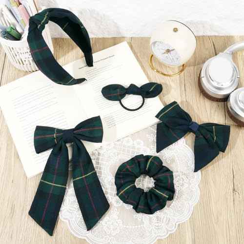 DEEKA 5 Styles Uniform Plaid Long Tail Hair Bows Knotted Headband Scrunchies Bow Set Alligator Clips Back to School Accessories for Toddler Little School Girls (Dark Green, Navy, Red&Yellow 5 Styles)