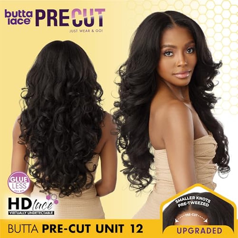 Sensationnel Butta Lace Precut Wigs - Unit 12 Glueless Extra Wide 5 Inch Deep Parting Synthetic Pre Tweezed Smaller Knot Hairline (1 JETBLACK)