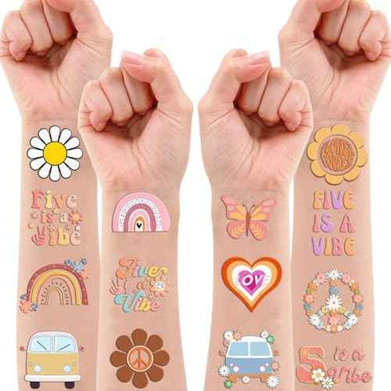 96 PCS Five Is A Vibe Pre-Cut Temporary Tattoos Themed 5th Birthday Party Decorations Favors Supplies D?cor Groovy Retro Boho Rainbow Hippie Die Cut Tattoo Stickers Gifts For Game Boys Girls School