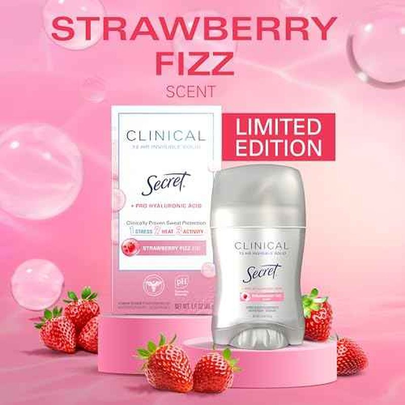 Secret Clinical Strength Antiperspirant Deodorant for Women, 3X Stress Protection, 72hr Sweat & Odor Protection, Pro-Hyaluronic Acid, Invisible Solid, Strawberry Summer Fizz Scent, 1.6 oz