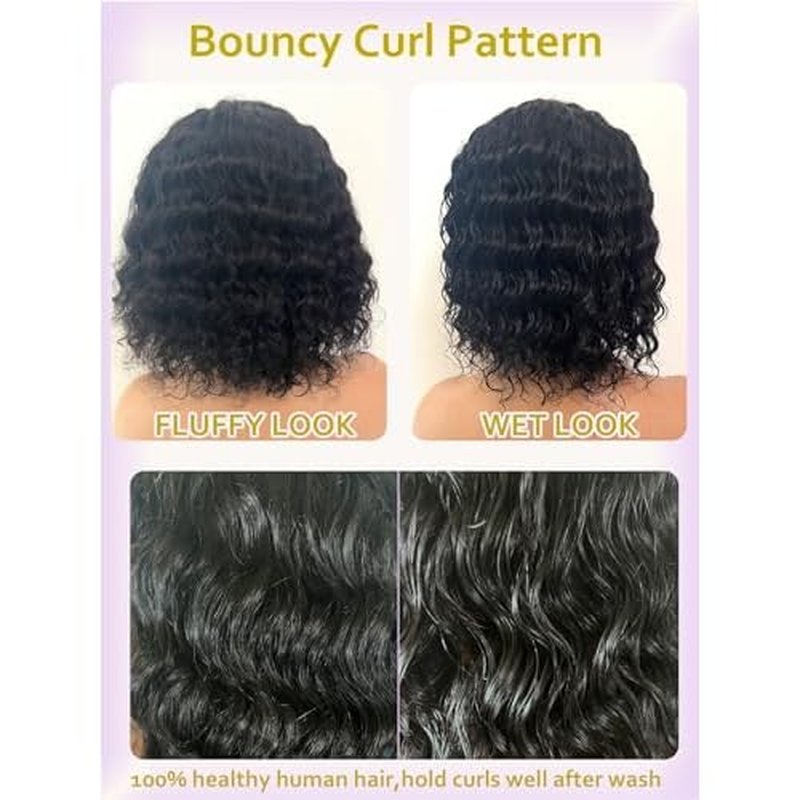 Short Curly Wigs for Black Women Wear and Go Side Part Deep Wave Bob Wig Human Hair Glueless Wigs Human Hair Pre Plucked Pre Cut Wet and Wavy Natural Black Lace Front Wig 12 Inch Daily Hairstyle