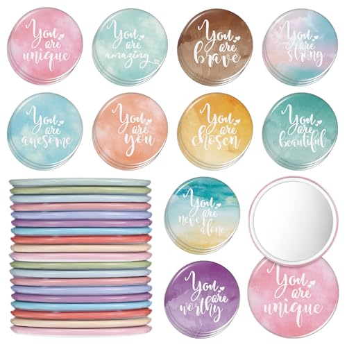 Unittype 30 Pcs 2.76 Inch Inspirational Compact Mirror Bulk Small Pocket Mirrors Mini Round Makeup Mirror Christmas Employee Appreciation Gifts for Xmas Friendgiving Women Coworker Staff(Colorful)