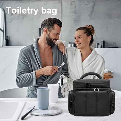 LEDAOU Toiletry Bag for Women, Quilted Travel Makeup Bag Organizer with Double Deck, Large Wide-open Cosmetic Make up Bag for Travel Essentials (Black Puffy)