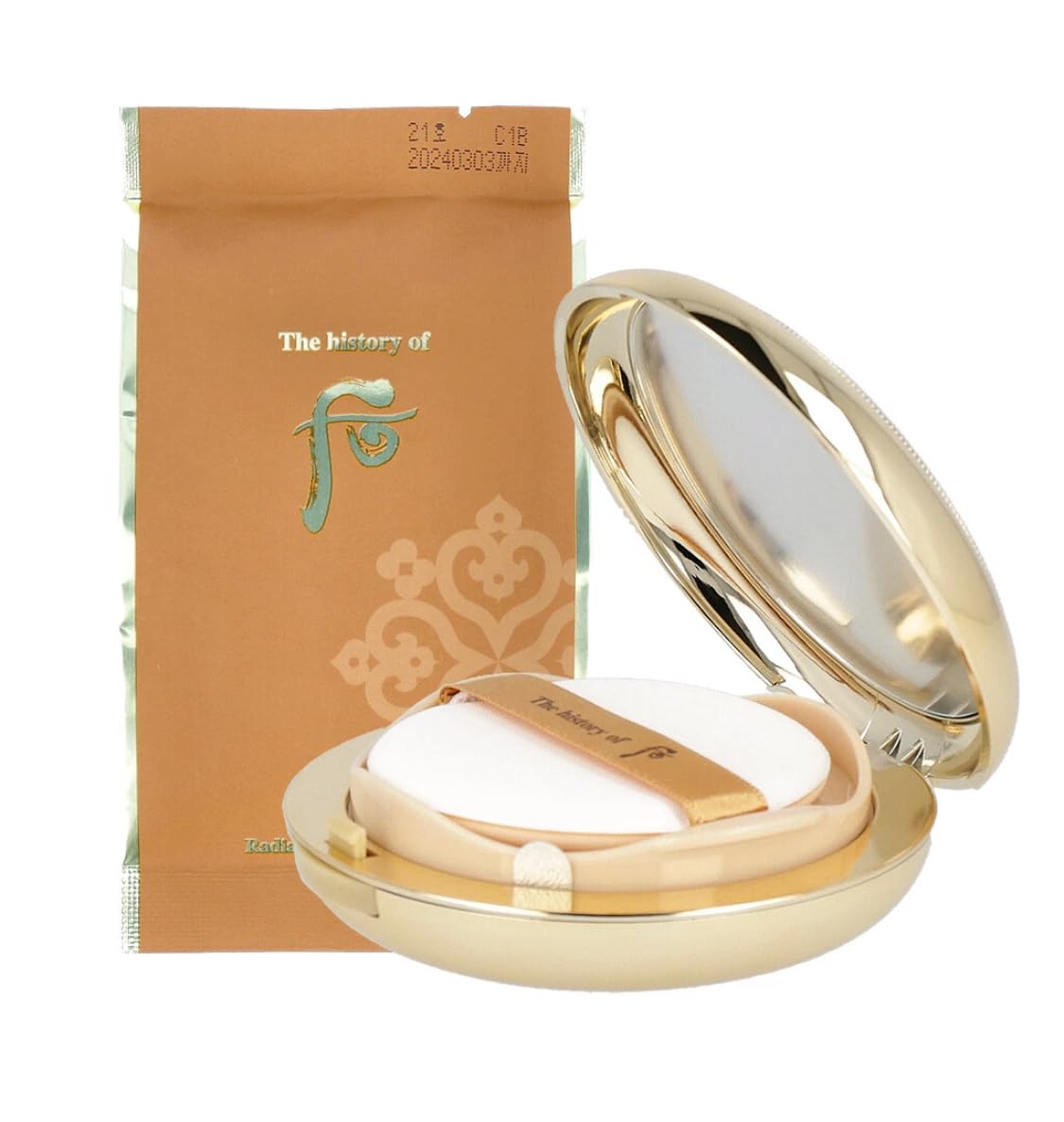 THE WHOO Radiant Essence Cushion Special Set (Main 15g + Refill 15g + Brush + Pouch) No.21 Light Beige, Intensively Hydrating for Moisturizing & Soothing skin. Made in Korea