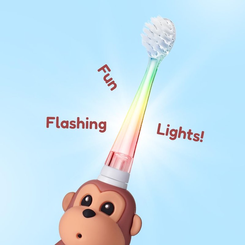 BrushBaby Kids Electric Toothbrush - Rechargeable Monkey Design with Flashing Lights | Deep Clean Bristles, Ages 0-10, 2 Heads