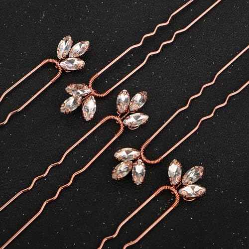 Teyglen 5pcs Crystal Bride Wedding Hair Pins for Bride Sparkly Blue Red Green Crystal Hair Clips Pins for Women Girls Party Prom (Rose Gold)