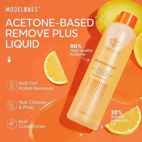 Modelones Acetone Nail Polish Remover, Professional Gel Polish Remover, Nail Glue Remover Natural Formula with Jojoba Oil for Nail Moisturizing & Care, Acrylic Dip Powder Remover(8 FL.Oz.), Lemon