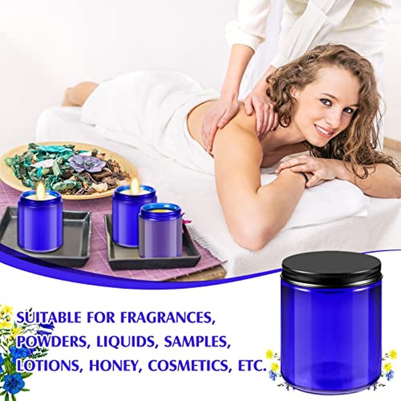 Lallisa 32 Pcs 8 oz Cobalt Blue Glass Jars with Black Metal Lids Round Small Cosmetic Jars Round Glass Containers for Apothecary Body Butter Herbs Spice and Food Storage