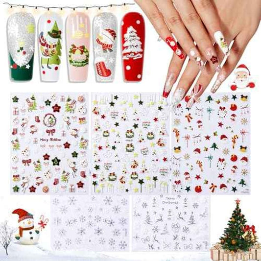 modelones Christmas Nail Stickers 3D Self-Adhesive nail decals Christmas Tree, Snowflakes, Santa Claus, Reindeer & Snowman, Winter Holiday Christmas DIY Nail Stickers for Women & Kids 5Pcs