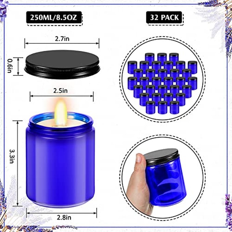Lallisa 32 Pcs 8 oz Cobalt Blue Glass Jars with Black Metal Lids Round Small Cosmetic Jars Round Glass Containers for Apothecary Body Butter Herbs Spice and Food Storage