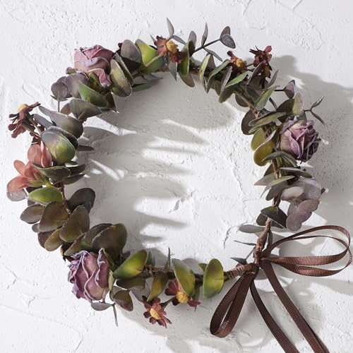 Purple Flower Crown Headband - Handmade Fairy Floral Headpiece Artificial Vintage Rose Flower Headbands with Ribbon for Women Girls Wedding Renaissance Party Cosplay Photo Shoot