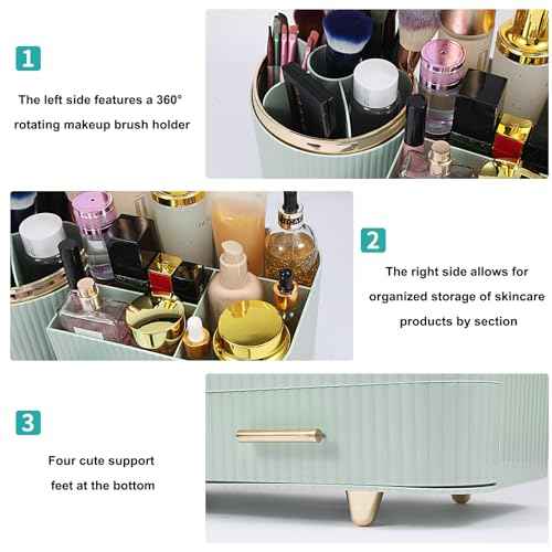 Makeup Organizer Countertop with Drawer 360 Rotating Brush Holder Storage Large Capacity Skincare Cosmetic Display Cases for Vanity Bathroom Desktop, Model 3016 Green