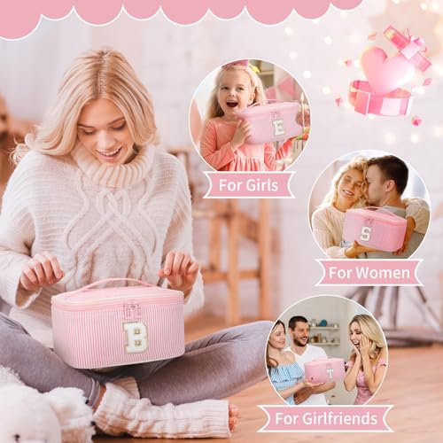 OCHEAL Makeup Bag for Women, Monogram Cosmetic Bag with Brush Holder, Pink Travel Makeup Case Beauty Toiletry Bag Organizer Personalized Gifts for Girls Bridesmaid, Sister, Wife, Friends Initial G