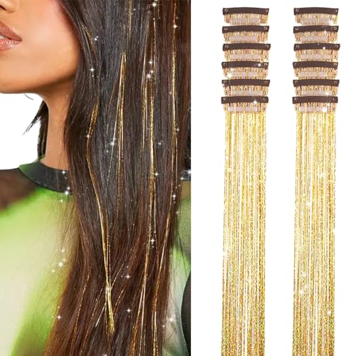 Gold Hair Tinsel Pack of 12 Pcs Clip in Hair Tinsel 20 Inch Glitter Tinsel Hair Extensions, Festival Tinsel Fairy Hair Extension Party Dazzle Hair Accessories Strands Kit (12Pcs,Gold#)