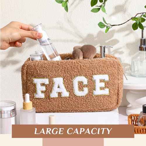 Paterr 4 Pcs Chenille Letter Preppy Patches Makeup Bag Plush Fuzzy Makeup Pouch Hair Skin Face Stuff Bag Large Cosmetic Purse Zipper Travel Toiletry Kit for Spring Gift(Brown Colors)