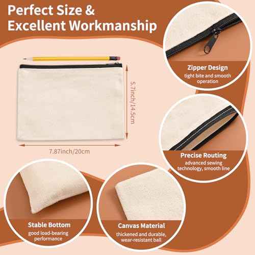 50Pcs Canvas Makeup Bags Bulk, 7.87 x 5.7 Inch Cotton Sublimation Blank DIY Heat Transfer Cosmetic Bag w/Colorful Zipper for Bridesmaid Makeup Bag Travel Toiletry Pouch Storage, Ivory, Halloween Craft