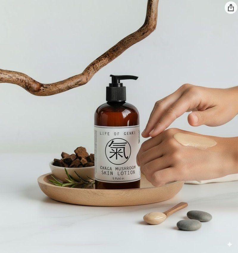 life of genki USA Made Vegan all Natural Chaga Mushroom skin lotion cream Moisturizing skin cream apricot kernel oil