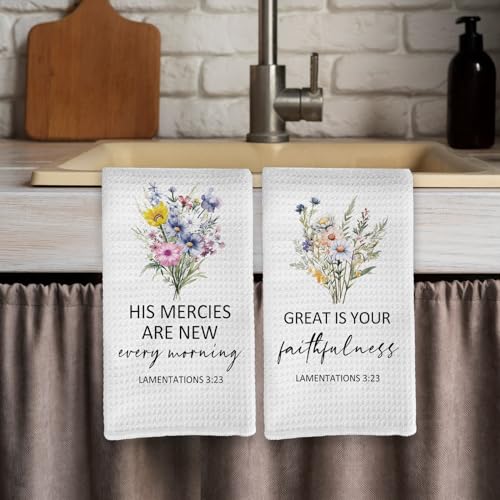 Christian Religious Gifts for Women, Christian Floral Kitchen Towels, Religious Scripture Bible Verse Kitchen Tea Towels Decorative Set, Lamentations 3 23 Bible Scripture Hand Dish Towels16x24in