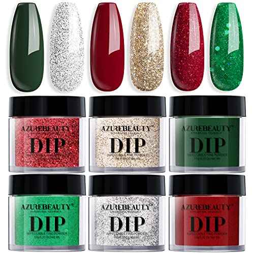 AZUREBEAUTY Dip Powder Nail Set, 6 Colors Glitter Red Green Silver Gold Nail Dipping Powder Starter Kit French Nail Art Sparkle Stunning Manicure Salon DIY No Need Nail Lamp Cured