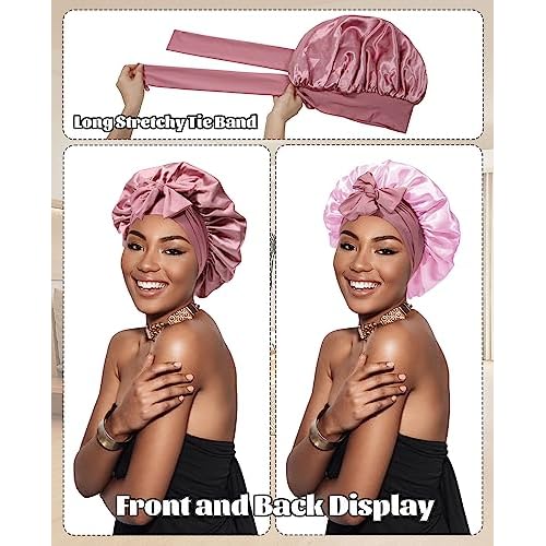Satin Bonnet for Sleeping Cap Double Layer Hair Bonnet with Elastic Tie Band for Curly Hair Night Cap (Bean Paste + Pink)