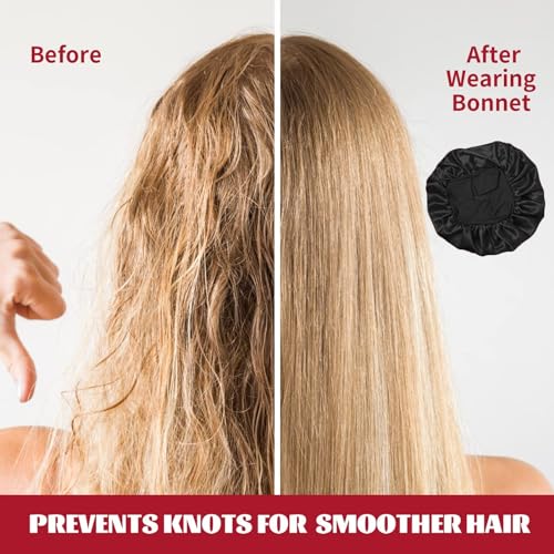 2Pcs Silk Bonnet for Sleeping, Satin Hair Bonnets, Soft Elastic Band Silk Sleep Cap, Hair Wrap for Women (Black Gold)