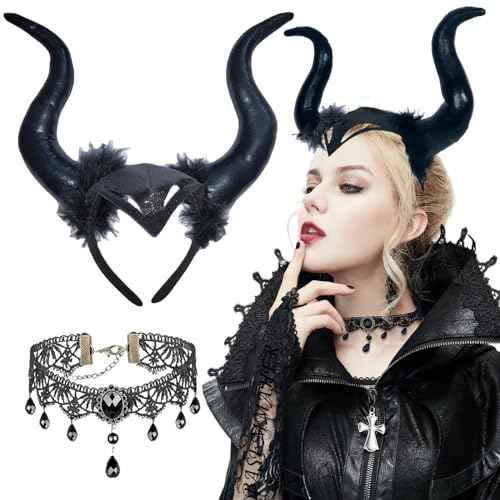 Devil Horns Headband with Lace Choker Gothic Necklace for Women Halloween Black Cosplay Horn Hair Hoop Dress Up Hair Accessories for Carnival Party Medieval Costume Headpieces