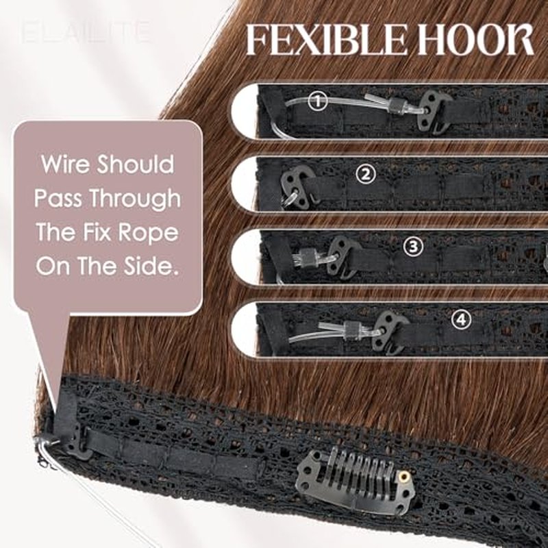 Elailite Halo Hair Extensions Real Human Hair for Women Medium Brown Clip in Remy Hairpiece with Adjustable Invisible Wire 14 Inch 60G