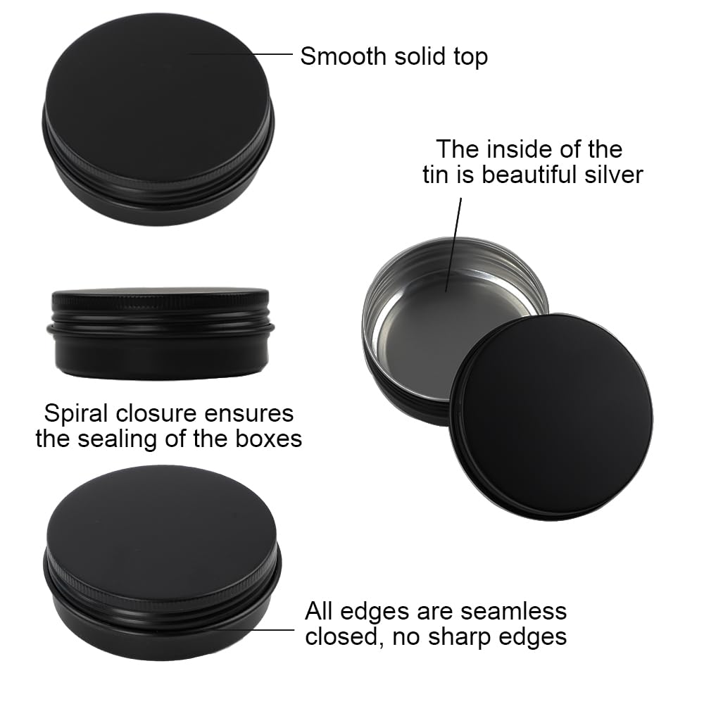 Moretoes 36 Pack Tins, 2 Oz Lip Balm Containers, Black Metal Round Tins Aluminum Cans, Empty Tin with Screw Lids for Salve, Spices or Candies