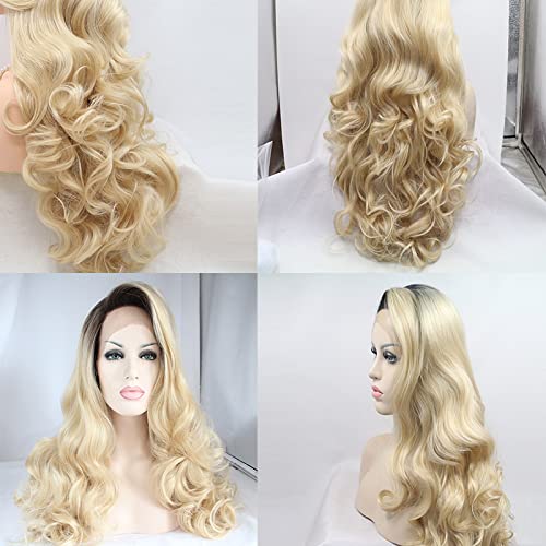 Ombre Blonde Lace Front Wig - Dark Roots & Body Wave | 24-Inch Heat Resistant Fiber Hair Replacement