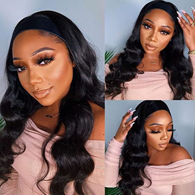 feibin Headband Wig Human Hair Wigs for Black Women Human Hair Headband Wig Body Wave 18 Inch Wear and Go Wigs Glueless Human Hair Wig Machine Made None Lace Front Wig Natural Color 150% Density