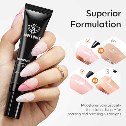 Modelones 3D Gel Nail Art, Sculpting Gel Glue for Molding, Drawing, Charms & Gems Glue, Nail Stuff for Chrome Powder and Rhinestone Design No Wipe, U V Light Cured Salon & DIY Use