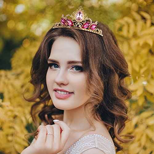 Pink Rhinestone Princess Tiaras Fairy Bridal Headpiece Birthday Halloween Gold Crown for Teen Girl