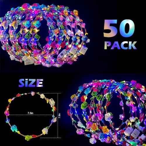 50 Pcs LED Flower Crowns Headbands,Flower Crowns For Women,Mardi Gras Light Up Headbands Tiara Flower Crown Accessories for Wedding Beach Party Birthday Cosplay Halloween Christmas Day