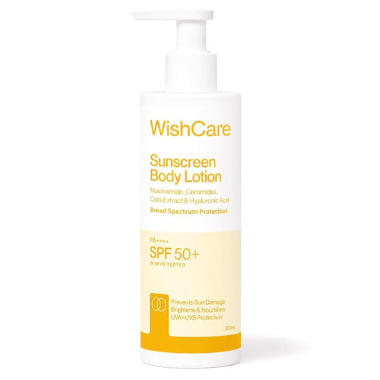 WishCare Sunscreen Body Lotion with SPF 50 PA+++ - Broad Spectrum UVA & UVB Protection, No White Cast, Enriched with Carrot Seed & Raspberry - Body Sunscreen Lotion 200ml (Indian Version)