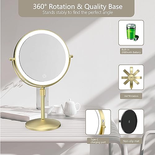 8" Lighted Makeup Mirror, 1X/10X Magnification, Double Sided Dimmable, Rechargeable & Height Adjustable, Cordless Vanity Mirror (Gold)
