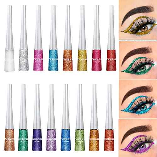 BONNIE CHOICE 16 Colors Glitter Eyeliner Liquid Set, Metallic Glitter Liquid Eyeshadow, Waterproof Long Lasting White Silver Rose Gold Pink Colorful Rainbow Eyeliners Christmas Gifts for Women